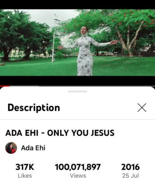Ada Ehi Becomes 2nd Gospel Artiste In Africa To Cross 100 Million Views Milestone On Youtube