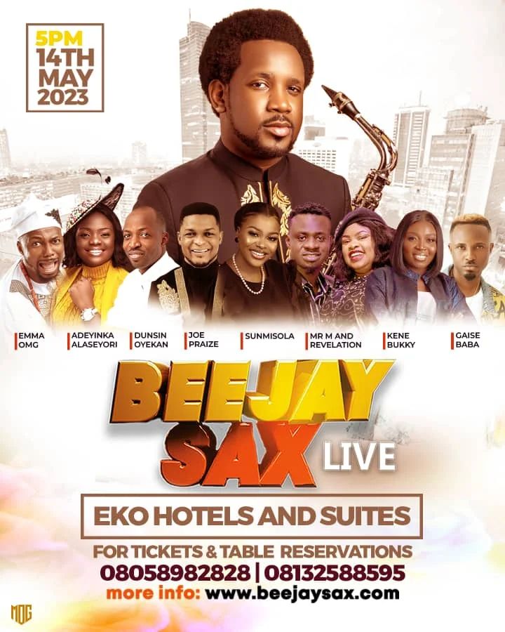 The stage is set as energetic Nigerian gospel music minister, worship leader, recording artiste, and saxophonist Beejay Sax looks set to host the “Beejay Sax Live 2023″ Concert.