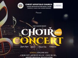 Christ Apostolic Church Lagos Metropolitan Mass Choir (LMMC), which comprises Akinlyele Region, Pearce Region, and Akiling Region, prepares to host the highly anticipated 2023 Mass Choir Concert. The concert has been scheduled to take place on Sunday, June 11th, at Christ Apostolic Church, Akiling Regional Headquarters, No. 5 Shiaba Street, Agege Lagos, by 4 p.m. The Mass Choir concert promises to usher us into an atmosphere of soul-stirring gospel hymns, spirituals, classic solos, contemporaries, and unforgettable worship experiences. LLMC 2023 is going to be an historic moment of divine echo, blended with a spiritual ambiance of the seraphs, as the glorious mass choir of the Lagos Metropolis (Akinyele, Pearce, and Akiling Region) will be collaborating in diverse ensemble and chorale to the glory of the almighty for the much-anticipated music fest. With the aim of bringing together gospel music ministers, music enthusiasts, and spiritual seekers across the city of Lagos, this much-anticipated event will feature the finest musical talents and divine voices, culminating in an evening of praise and worship like no other. We look forward to having you witness another torrent of musical rain that is billed to be outpoured during the various sessions of the ministrations, which will be delivered by thoroughbred, world-class, renowned, and proficient musical icons. So, mark your calendars and brace yourself for an evening of soulful harmonies, breathtaking vocals, spine-tingling acoustics, and a powerful message of hope and faith. You can’t afford to miss this. See you there!