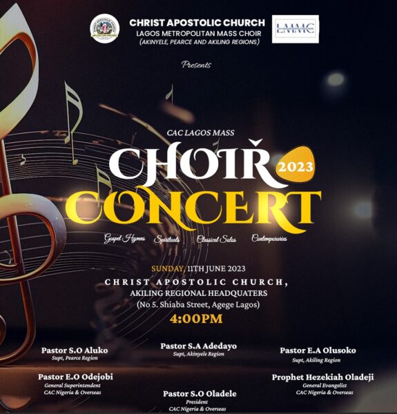 Christ Apostolic Church Lagos Metropolitan Mass Choir (LMMC), which comprises Akinlyele Region, Pearce Region, and Akiling Region, prepares to host the highly anticipated 2023 Mass Choir Concert. The concert has been scheduled to take place on Sunday, June 11th, at Christ Apostolic Church, Akiling Regional Headquarters, No. 5 Shiaba Street, Agege Lagos, by 4 p.m. The Mass Choir concert promises to usher us into an atmosphere of soul-stirring gospel hymns, spirituals, classic solos, contemporaries, and unforgettable worship experiences. LLMC 2023 is going to be an historic moment of divine echo, blended with a spiritual ambiance of the seraphs, as the glorious mass choir of the Lagos Metropolis (Akinyele, Pearce, and Akiling Region) will be collaborating in diverse ensemble and chorale to the glory of the almighty for the much-anticipated music fest. With the aim of bringing together gospel music ministers, music enthusiasts, and spiritual seekers across the city of Lagos, this much-anticipated event will feature the finest musical talents and divine voices, culminating in an evening of praise and worship like no other. We look forward to having you witness another torrent of musical rain that is billed to be outpoured during the various sessions of the ministrations, which will be delivered by thoroughbred, world-class, renowned, and proficient musical icons. So, mark your calendars and brace yourself for an evening of soulful harmonies, breathtaking vocals, spine-tingling acoustics, and a powerful message of hope and faith. You can’t afford to miss this. See you there!