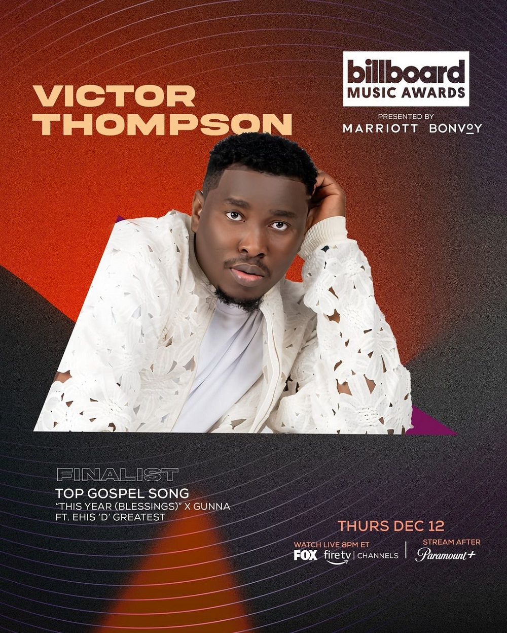 Nigerian gospel minister Victor Thompson has been nominated for the prestigious Billboard Music Awards (BBMAs). His hit song "This Year (Blessings)" featuring Ehis D Greatest and Gunna has earned a spot as a finalist in the Top Gospel Song category. The BBMAs are one of the most recognized music awards globally, and this nomination highlights the incredible impact of "This Year (Blessings)". The song, with its uplifting lyrics and powerful message, has touched lives worldwide, becoming a favorite among gospel music lovers. Victor Thompson shared the exciting news on his Instagram, thanking God and his fans for their unwavering love and support. He wrote, "This is Huge!! BILLBOARD MUSIC AWARD! We’ve been Nominated... Big Love. GOD DIDDDDDD." He expressed his deep appreciation to everyone who has supported his music journey. Other finalists in the category include gospel greats like CeCe Winans ("That's My King") and Naomi Raine featuring Tasha Cobbs ("In the Room"), among others. The winners will be announced on Thursday, December 12 at 8 PM ET. Fans can tune in on FOX TV, Amazon Fire TV, or Paramount+ to watch the event live. This achievement marks a significant milestone not only for Victor Thompson but also for Gospel music in Nigeria, further showcasing the country’s talent on the global stage.