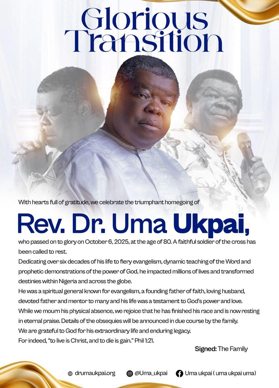 Evangelist Rev. Dr. Uma Ukpai Passes On At 80